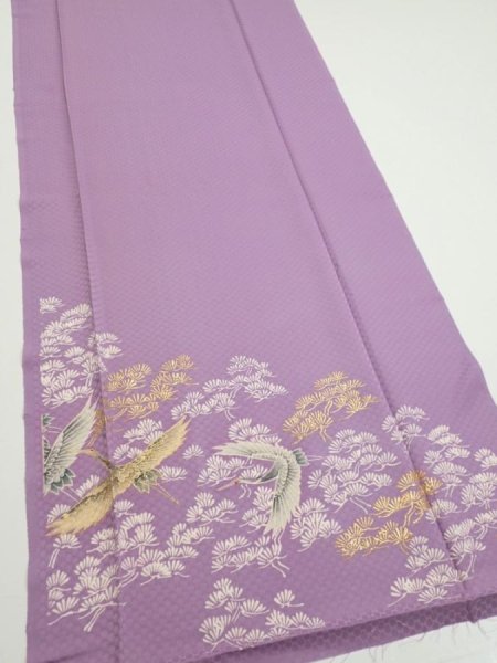 Photo2: 3M06z90  Japanese Kimono Silk  FABRIC Crane Purple-Pink 69.3x14.6 (2)