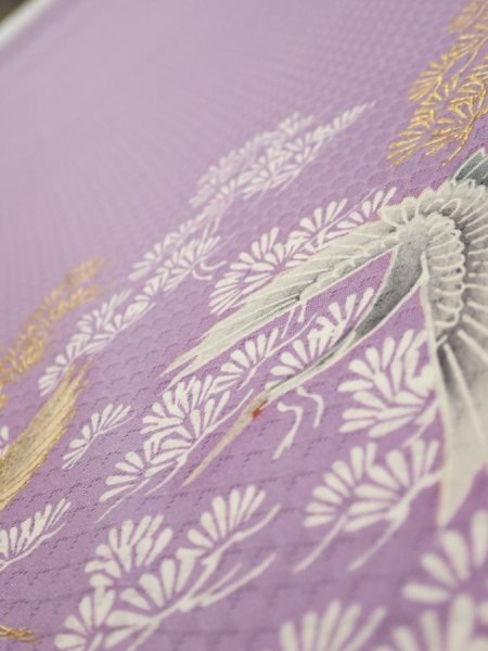 Photo4: 3M06z90  Japanese Kimono Silk  FABRIC Crane Purple-Pink 69.3x14.6 (4)