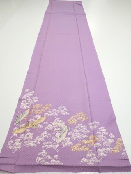 Photo5: 3M06z90  Japanese Kimono Silk  FABRIC Crane Purple-Pink 69.3x14.6 (5)