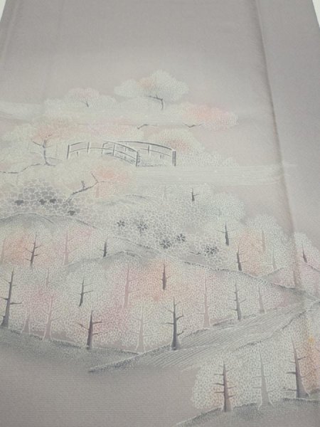 Photo1: 3M05z90  Japanese Kimono Silk  FABRIC Garden Gray 69.3x15.0 (1)