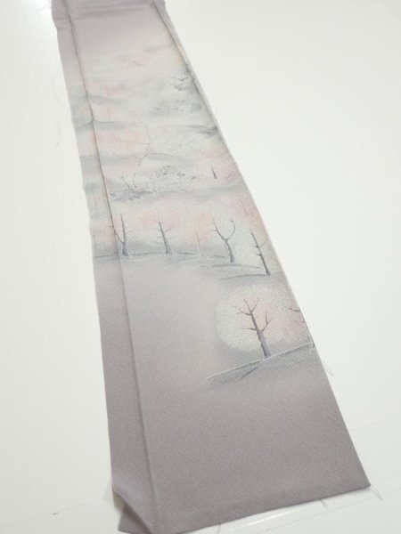 Photo2: 3M08z40  Japanese Kimono Silk  FABRIC Garden Gray 63.0x7.7 (2)