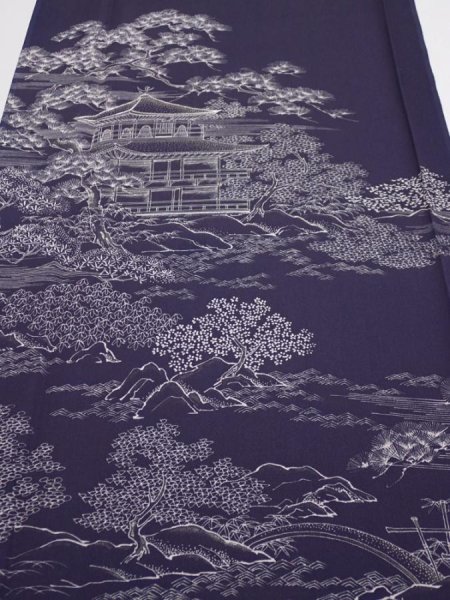 Photo1: 3M03z90  Japanese Kimono Silk  FABRIC Kinkakuji Dark purple 72.0x14.6 (1)