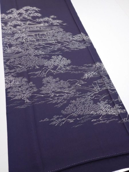 Photo2: 3M03z90  Japanese Kimono Silk  FABRIC Kinkakuji Dark purple 72.0x14.6 (2)