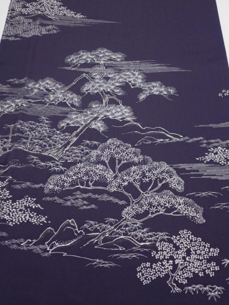 Photo1: 3M04z90  Japanese Kimono Silk  FABRIC Garden Dark purple 70.1x14.6 (1)