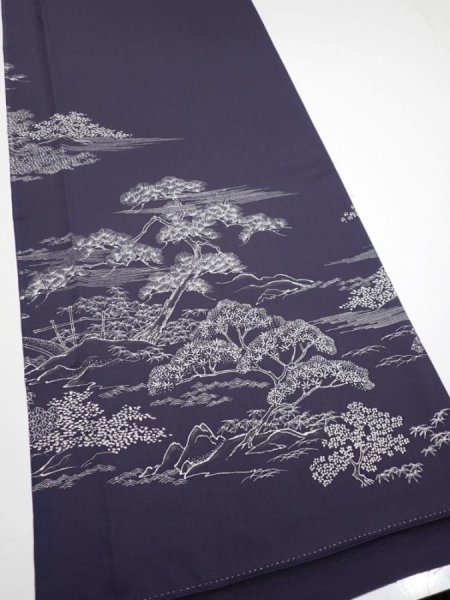 Photo2: 3M04z90  Japanese Kimono Silk  FABRIC Garden Dark purple 70.1x14.6 (2)