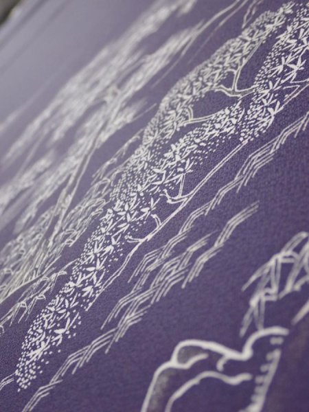 Photo4: 3M04z90  Japanese Kimono Silk  FABRIC Garden Dark purple 70.1x14.6 (4)