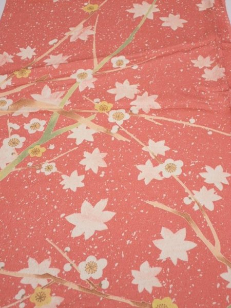 Photo1: 3M01z60  Japanese Kimono Silk  FABRIC Plum branch Coral pink 48.0x14.2 (1)