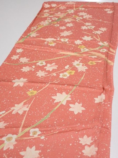Photo3: 3M01z60  Japanese Kimono Silk  FABRIC Plum branch Coral pink 48.0x14.2 (3)