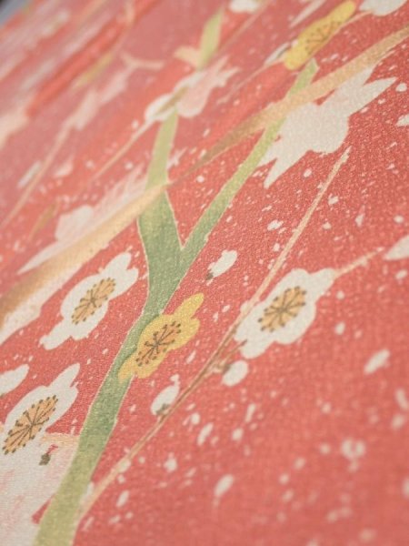 Photo4: 3M01z60  Japanese Kimono Silk  FABRIC Plum branch Coral pink 48.0x14.2 (4)