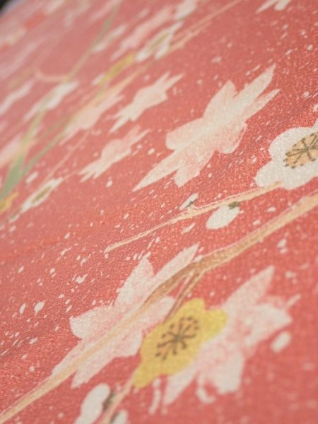 Photo4: 3M03z90  Japanese Kimono Silk  FABRIC Plum branch Coral pink 65.0x14.4 (4)
