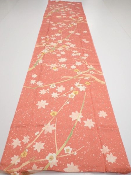 Photo5: 3M03z90  Japanese Kimono Silk  FABRIC Plum branch Coral pink 65.0x14.4 (5)