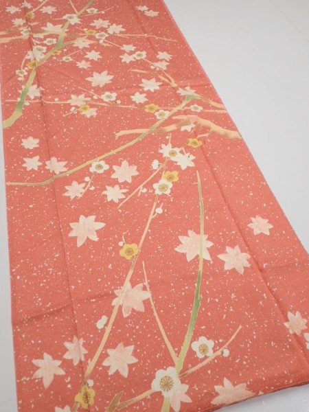 Photo2: 3M05z90  Japanese Kimono Silk  FABRIC Plum branch Coral pink 65.4x14.4 (2)