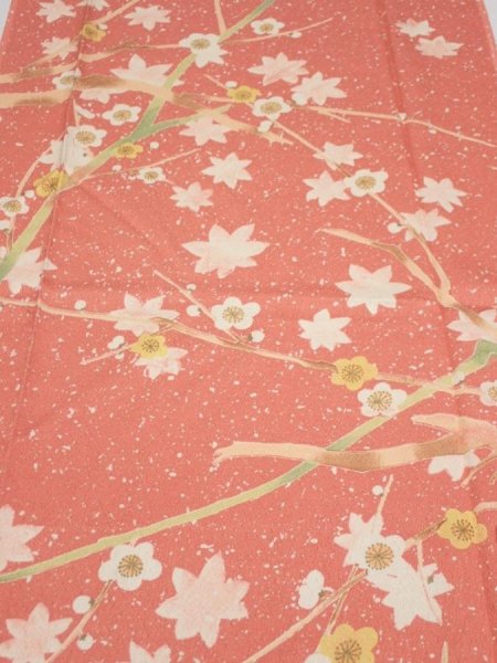 Photo1: 3M06z90  Japanese Kimono Silk  FABRIC Plum branch Coral pink 65.4x14.2 (1)