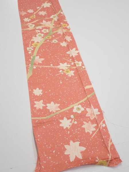 Photo2: 3M07z40  Japanese Kimono Silk  FABRIC Plum branch Coral pink 59.8x7.5 (2)