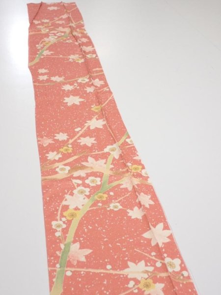 Photo3: 3M07z40  Japanese Kimono Silk  FABRIC Plum branch Coral pink 59.8x7.5 (3)