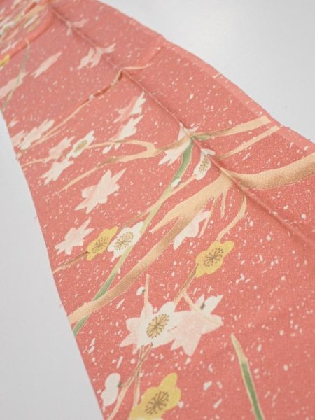 Photo1: 3M09z50  Japanese Kimono Silk  FABRIC Plum branch Coral pink 82.3x6.7 (1)
