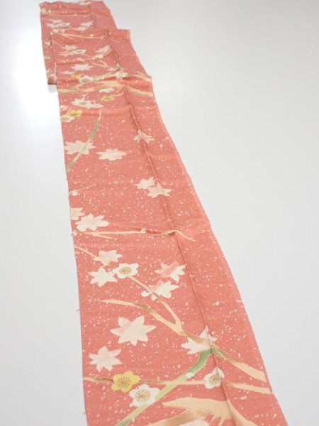 Photo2: 3M09z50  Japanese Kimono Silk  FABRIC Plum branch Coral pink 82.3x6.7 (2)