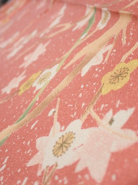 Photo5: 3M09z50  Japanese Kimono Silk  FABRIC Plum branch Coral pink 82.3x6.7 (5)