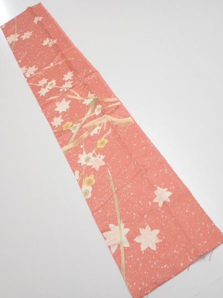 Photo1: 3M10z30  Japanese Kimono Silk  FABRIC Plum branch Coral pink 36.2x6.7 (1)