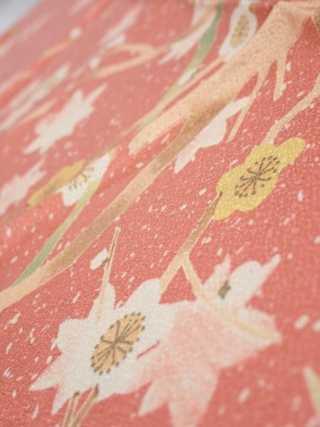 Photo5: 3M10z30  Japanese Kimono Silk  FABRIC Plum branch Coral pink 36.2x6.7 (5)