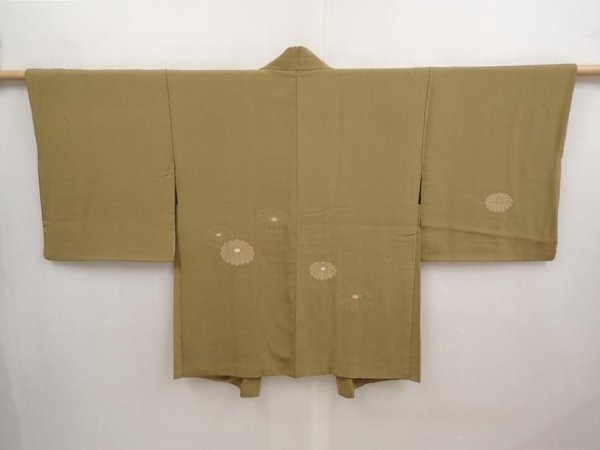 Photo1: 6716T06z560 Vintage Japanese Kimono Silk HAORI Chrysanthemum Olive green (1)