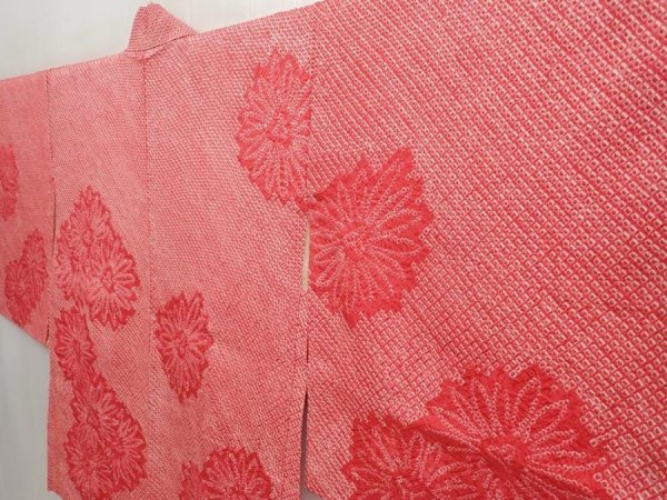 Photo2: 6716T07z460 Vintage Japanese Kimono Silk SHIBORI HAORI Flower Red-Pink (2)