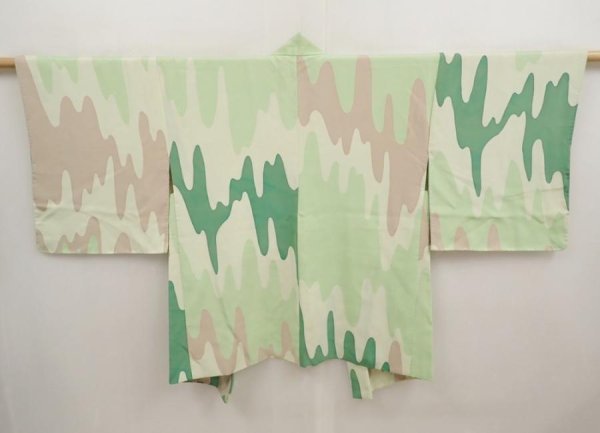 Photo1: 6716T10z530 Vintage Japanese Kimono Silk HAORI  Light green (1)