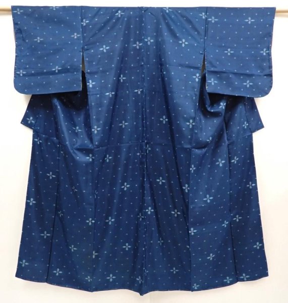 Photo1: 6716T13z420 Vintage Japanese Kimono Silk MEISEN KOMON Flower Dark cyan blue (1)