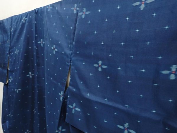 Photo2: 6716T13z420 Vintage Japanese Kimono Silk MEISEN KOMON Flower Dark cyan blue (2)
