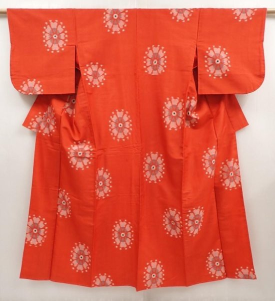 Photo1: 6716T14z570 Vintage Japanese Kimono Silk MEISEN KOMON Flower Tomato red (1)