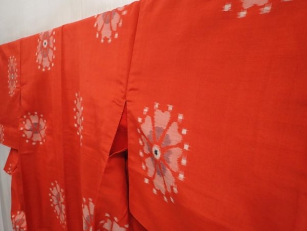 Photo2: 6716T14z570 Vintage Japanese Kimono Silk MEISEN KOMON Flower Tomato red (2)