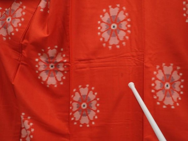 Photo7: 6716T14z570 Vintage Japanese Kimono Silk MEISEN KOMON Flower Tomato red (7)