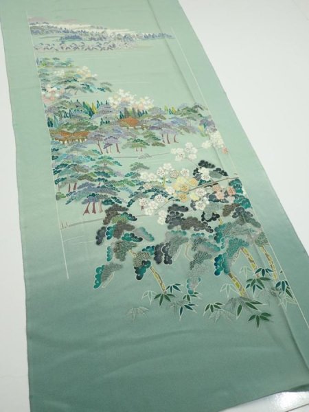 Photo2: 2J03z100  Japanese Kimono Silk  FABRIC Scenery Light blue-green 70.1x15.0 (2)