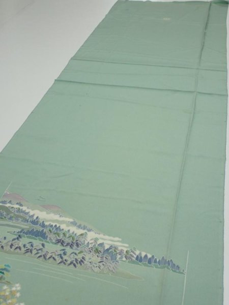 Photo3: 2J03z100  Japanese Kimono Silk  FABRIC Scenery Light blue-green 70.1x15.0 (3)