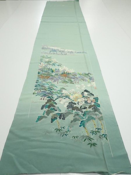 Photo4: 2J03z100  Japanese Kimono Silk  FABRIC Scenery Light blue-green 70.1x15.0 (4)