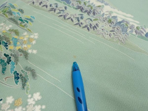 Photo8: 2J03z100  Japanese Kimono Silk  FABRIC Scenery Light blue-green 70.1x15.0 (8)