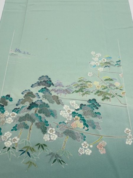 Photo1: 2J04z90  Japanese Kimono Silk  FABRIC Scenery Light blue-green 67.7x15.0 (1)