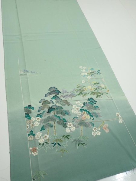 Photo2: 2J04z90  Japanese Kimono Silk  FABRIC Scenery Light blue-green 67.7x15.0 (2)