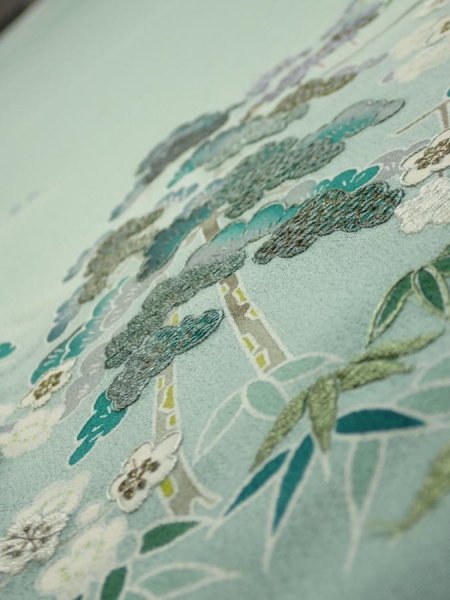 Photo4: 2J04z90  Japanese Kimono Silk  FABRIC Scenery Light blue-green 67.7x15.0 (4)