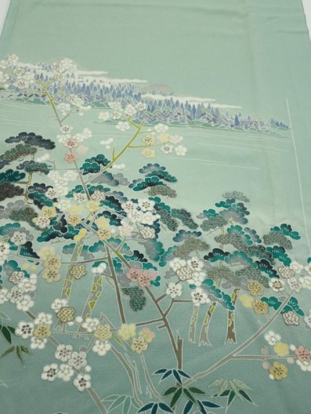 Photo1: 2J05z100  Japanese Kimono Silk  FABRIC Scenery Light blue-green 68.1x15.0 (1)