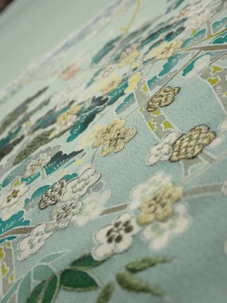 Photo4: 2J05z100  Japanese Kimono Silk  FABRIC Scenery Light blue-green 68.1x15.0 (4)