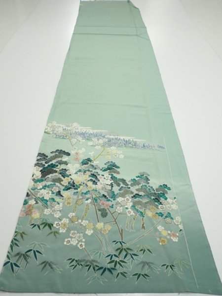 Photo5: 2J05z100  Japanese Kimono Silk  FABRIC Scenery Light blue-green 68.1x15.0 (5)