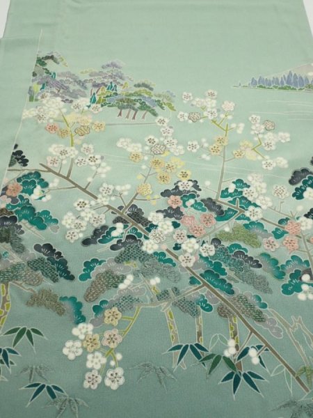 Photo1: 2J06z100  Japanese Kimono Silk  FABRIC Scenery Light blue-green 68.5x15.0 (1)
