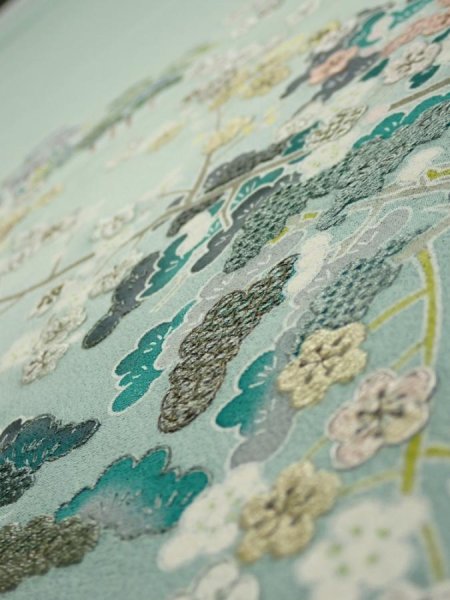 Photo2: 2J06z100  Japanese Kimono Silk  FABRIC Scenery Light blue-green 68.5x15.0 (2)