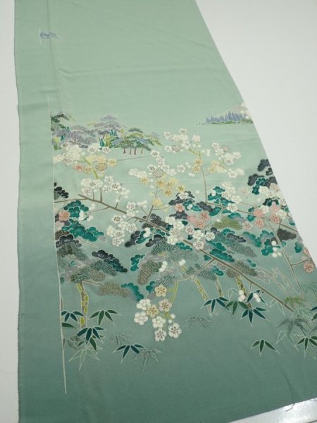 Photo4: 2J06z100  Japanese Kimono Silk  FABRIC Scenery Light blue-green 68.5x15.0 (4)