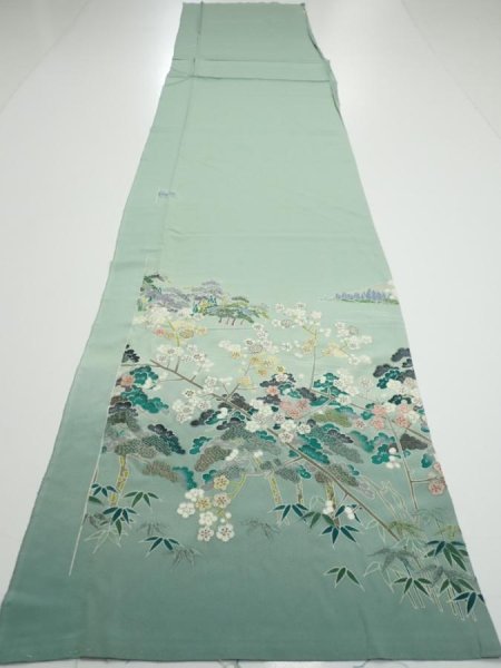 Photo5: 2J06z100  Japanese Kimono Silk  FABRIC Scenery Light blue-green 68.5x15.0 (5)