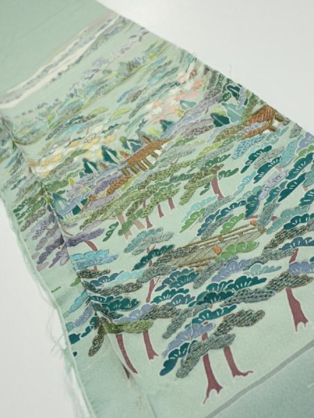 Photo1: 2J07z40  Japanese Kimono Silk  FABRIC Scenery Light blue-green 57.5x7.5 (1)