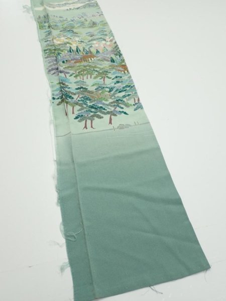 Photo2: 2J07z40  Japanese Kimono Silk  FABRIC Scenery Light blue-green 57.5x7.5 (2)