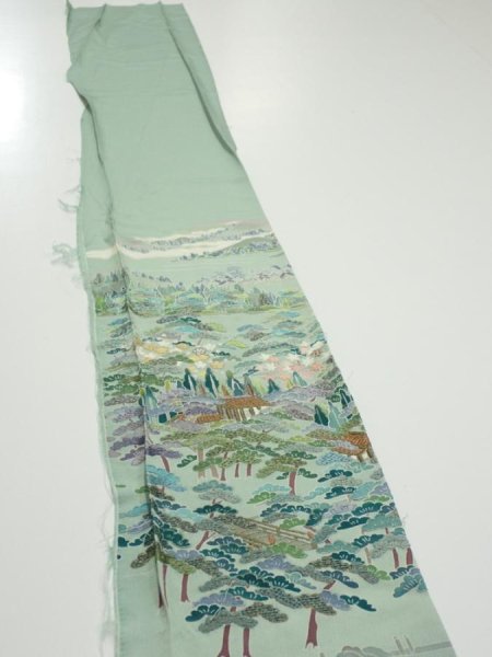 Photo3: 2J07z40  Japanese Kimono Silk  FABRIC Scenery Light blue-green 57.5x7.5 (3)