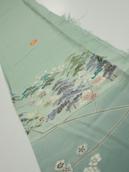 Photo1: 2J08z40  Japanese Kimono Silk  FABRIC Scenery Light blue-green 56.7x7.3 (1)